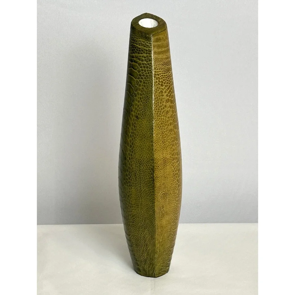 R & Y Augousti Paris Exotic Reptile Embossed Leather Texture Green Curved Vase